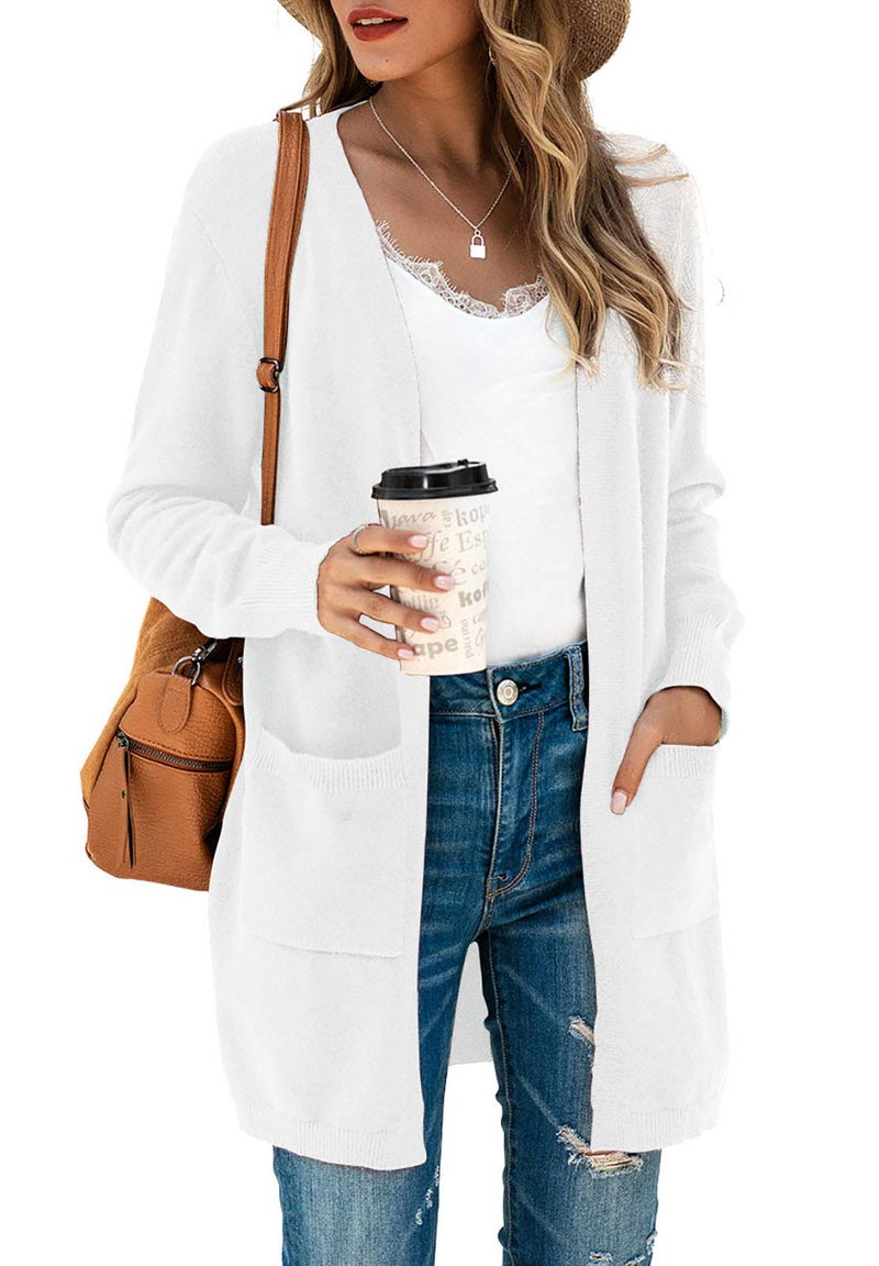 TASAMO Women's Loose Open Front Long Sleeve Solid Color Knit Cardigans Sweater Blouses with Packets (2X-Large,White) - Image 1